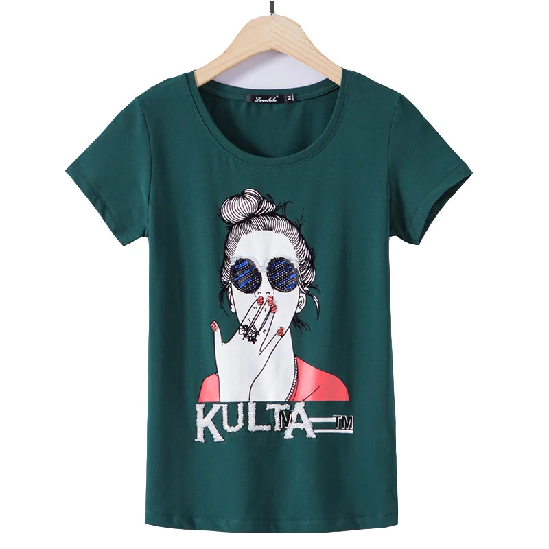 

Cotton tshirt women tops cartoon girl sequin top t shirt women clothing summer short sleeve o-neck camiseta poleras de mujer