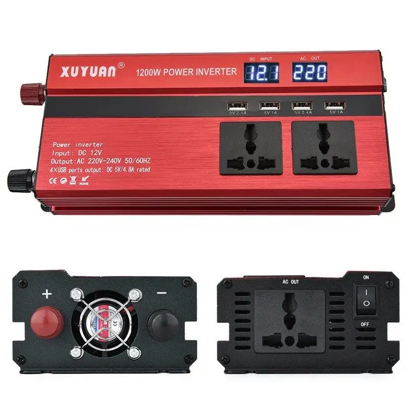 1200W Red Vehicle DC12V AC220V LED Power Inverter Converter 4USB Ports
