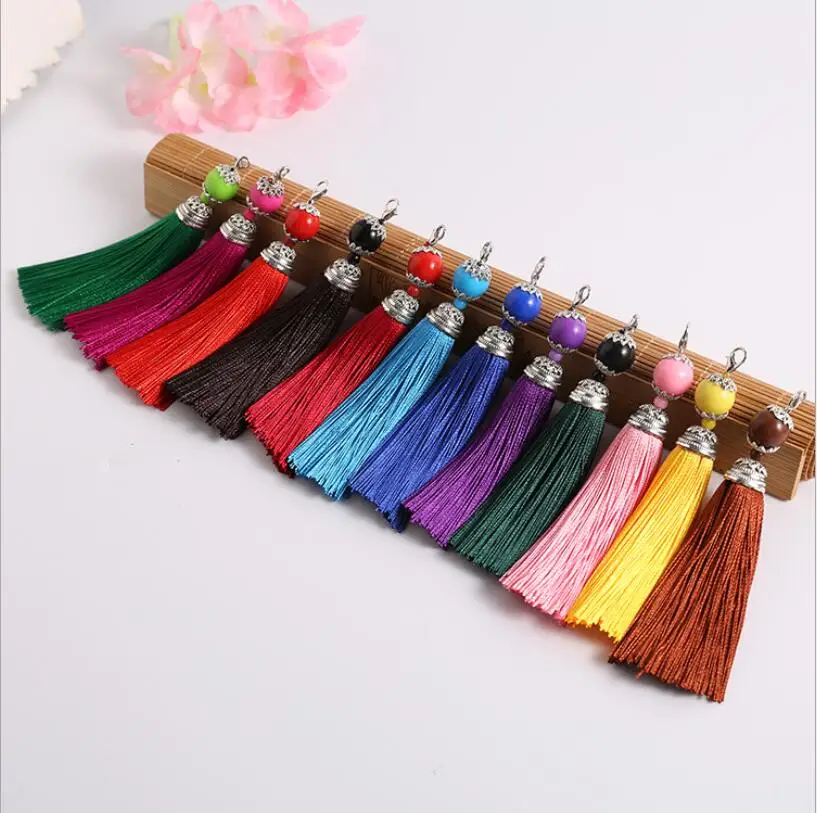 5pcs/lot Cotton Silk Tassels Key Ring With Beads Charm Pendant Satin