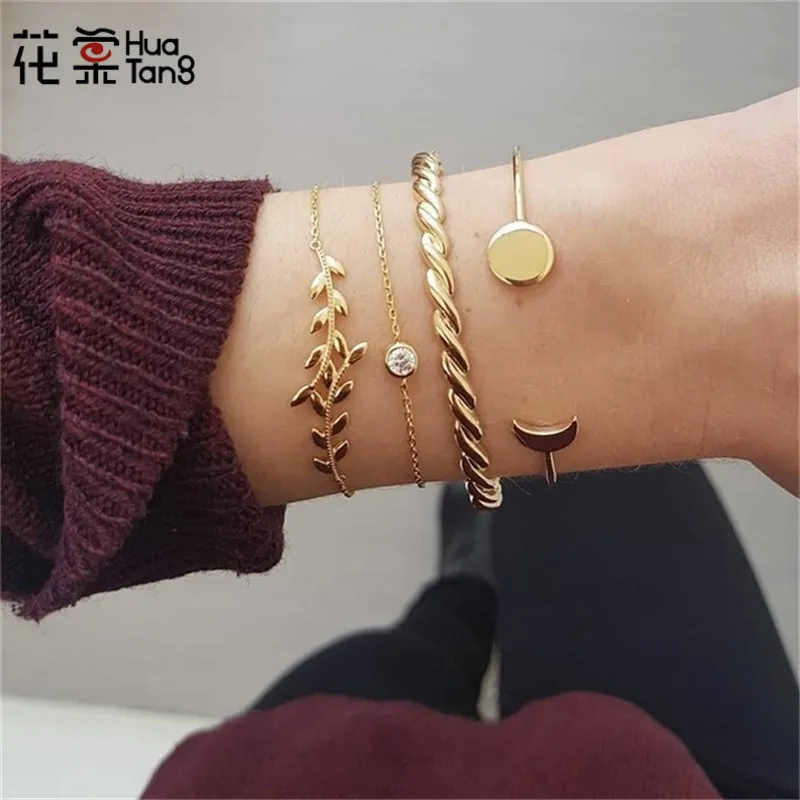

HuaTang Bohemian Gold Crystal Moon Open Bracelet Geometric Big Leaf Pendant Bracelets Bangle Set Statement Jewelry 6844