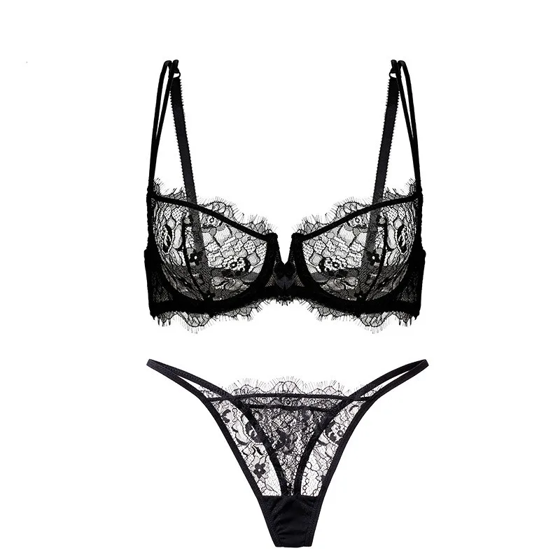 Ceny Seksowne stringi Lady komplet biustonosz push up koronkowy biustonosz braletka prześwitujący bielizna zestaw majtek Intimates czarne kobiety biustonosz zestaw z majtkami komplet bielizny