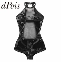 Сексуальное женское цельное Wetlook белье из искусственной кожи без рукавов Холтер шеи сетки Сращивание молния мотня Тедди костюм для клуба