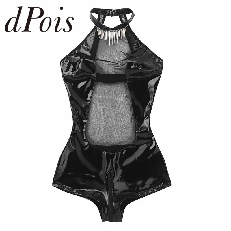 

Sexy Women One-piece Wetlook Faux Leather Lingerie Sleeveless Halter Neck Mesh Splice Zipper Crotch Teddy Bodysuit Club Wear
