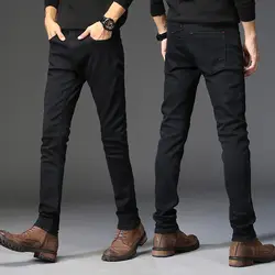Винтаж дизайн зимние джинсы мужские черные Цвет Skinny Fit дикий флис карандаш брюки Эластичные Классические Утепленная одежда толстые джинсы