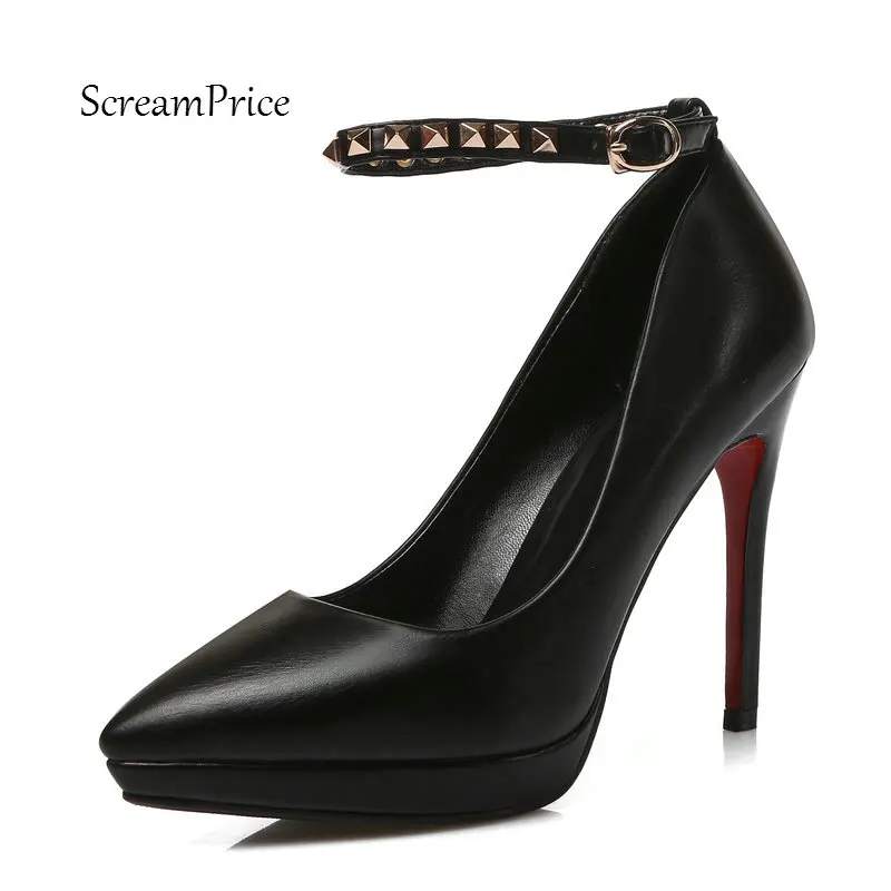Mode Parti Femmes Haut Chaussures Blanc Mince Plate Pompes Rivet Noir Robe Avec blanc rouge Noir De Boucle Sangle Sexy Talon Rouge forme ww6PE