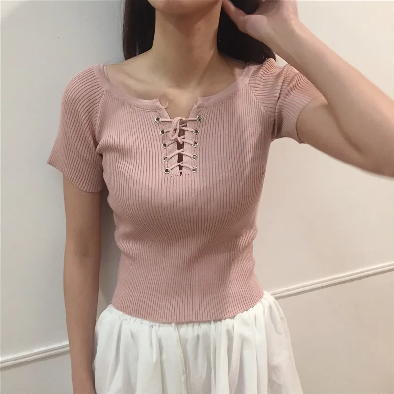 Ulzzang Футболка Harajuku Женская Повседневная Однотонная футболка с коротким рукавом и