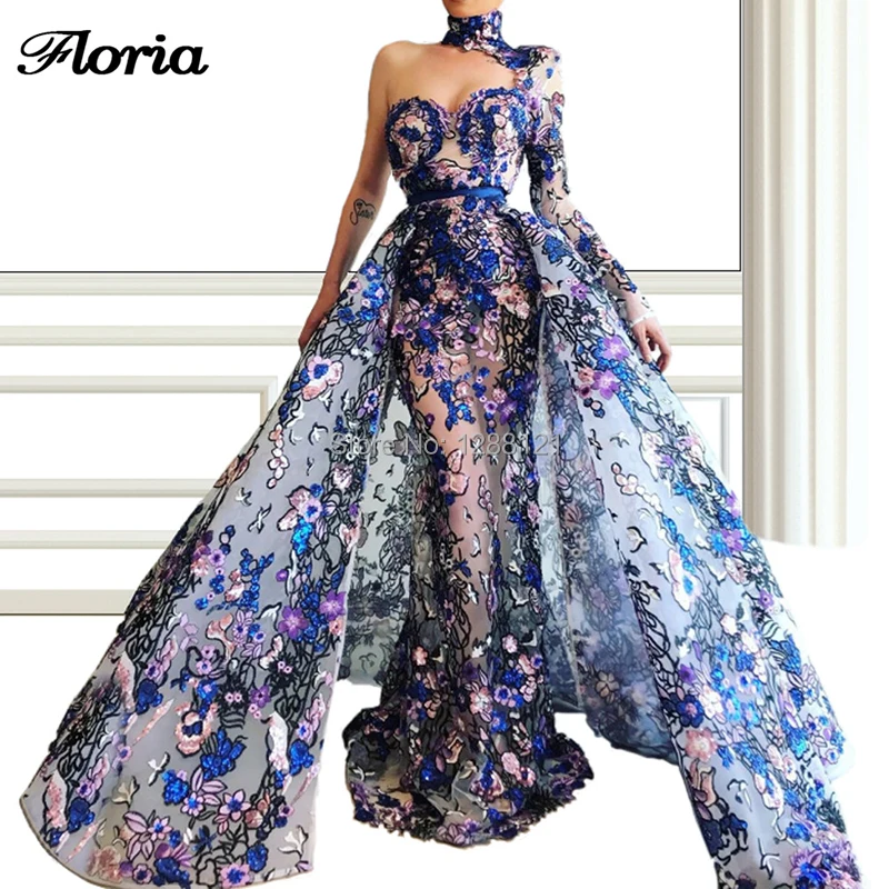 

Flowers Arabic Dubai One Shoulder Evening Dresses Long Sleeve Prom Dress Turkish 2019 Islamic kaftans Two Piece Party Gown Robe