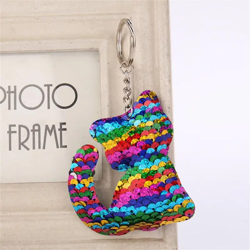 

Fashionable Cute Key Chain Gifts for Women Sequins Little Cat Shape Reflective Glossy Key Chain Key Ring Jewelry Llaveros Mujer