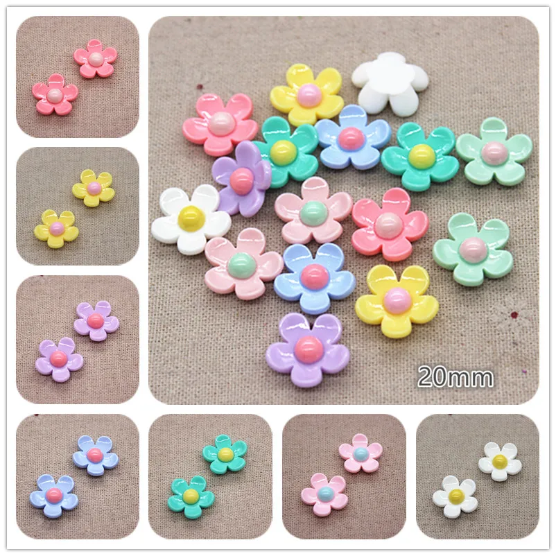 20PCS 20mm Mix Spring Colors Cute Resin New Five Petal Flower Flat back ...