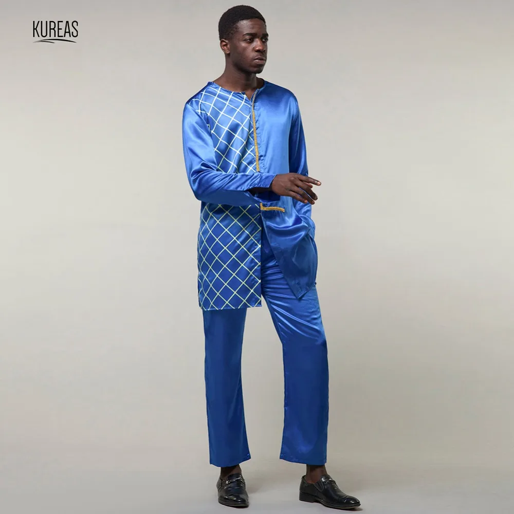 

Kureas Dashiki Set Men African Clothing Plaid 2 Pieces Long Sleeve Shirts Set Traditional Ethnic Suit Africa Clothes Tops