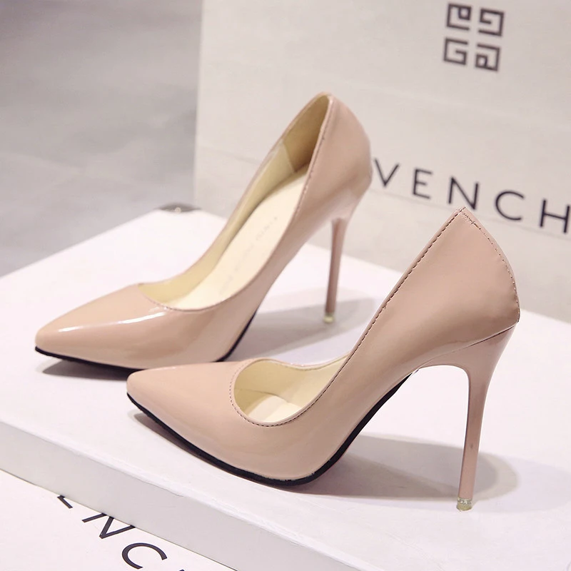 2018 Hot Women Shoes Pointed Toe Pumps Patent Leather Dress High Heels Boat Wedding Zapatos Mujer Blue Wine Red Lady Blue