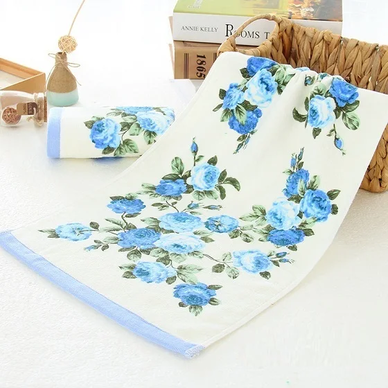 Hot Sale 34*74cm Pink Blue Flower Terry Towels Cotton Face Hand Towel