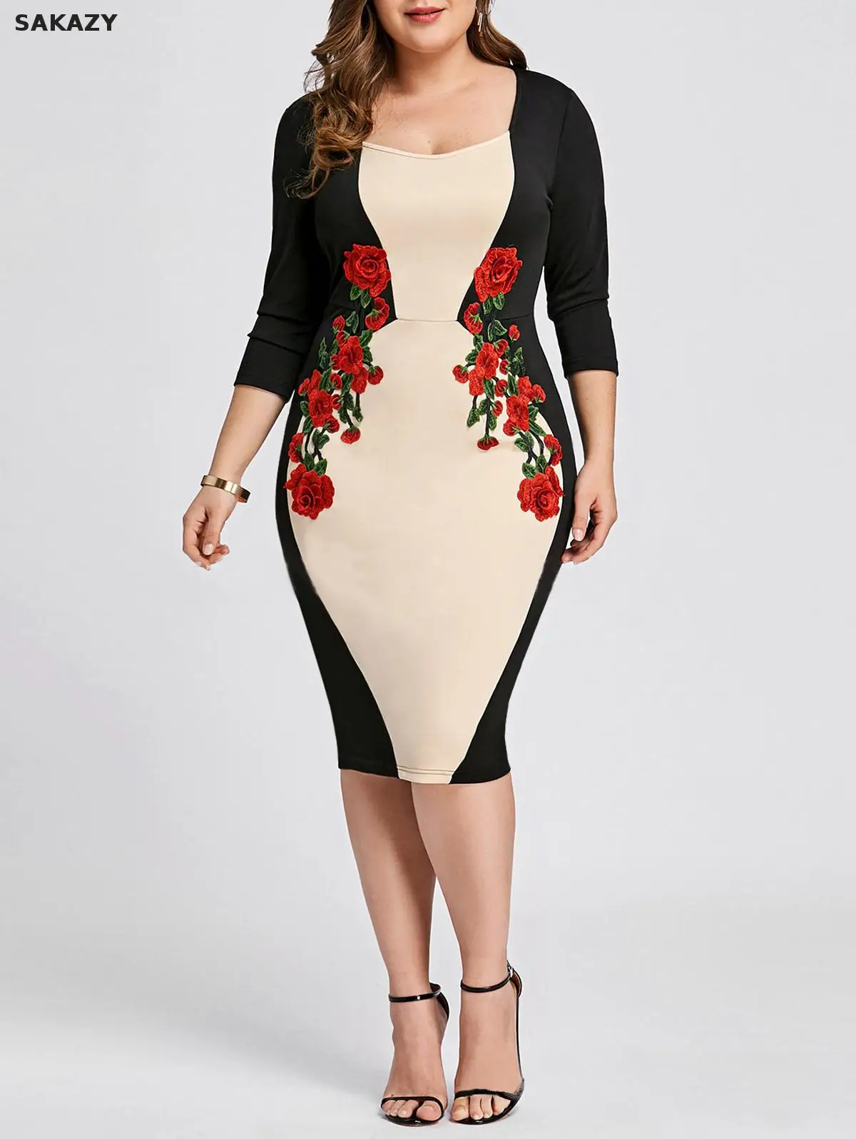 

Vintage Dress Lager Size 3xl Embroidery Pattern Loose Office Black Dress Plus Size 3/4 Sleeve High Waist Sexy Dresses Vestidos