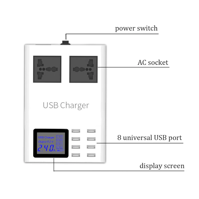 Mobile Phone Fast Charger Universal 8 USB Ports AC Socket Led Display Smart Wall Charger US EU UK Plug Desktop Power Adapter