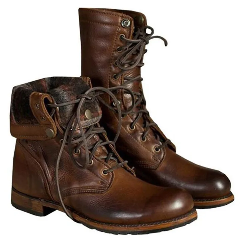 

Top.Damet Men Boots Fashion Autumn Winter Leather Lace Up Shoes Low Heel Solid Color Waterproof Short Motorcycle Boots Plus Size