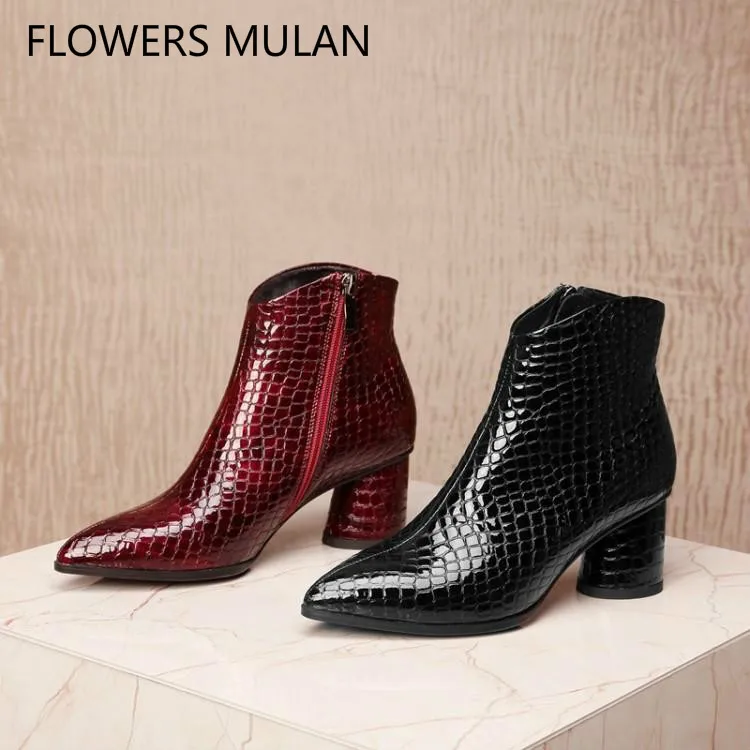 

Bling Bling Red Black Embossing Pattern Patent Leather Ankle Boots For Women Pointed Toe Chunky Heel Ladies Booties Shoes Woman