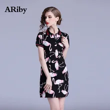 Summer Dress Women Vestidos Party Dress 2019 New Fashion Pink Crane Print Short Sleeves Turn-down Collar Black White Mini Dress crane and flower print shell dress