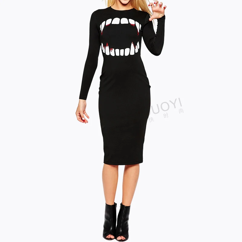 2016 Spring and Autumn Punk fashion Funny vampire printing Package hip dress black Cultivating long sleeved