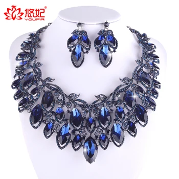 

Fashion Bridal Jewelry Sets Indian Wedding Big Necklace Drop Earrings Set Crystal Montana color Rhinestone glass Jewelry Set