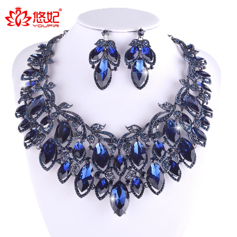 Fashion Bridal Jewelry Sets Indian Wedding Big Necklace Drop Earrings Set Crystal Montana color Rhinestone glass Jewelry Set
