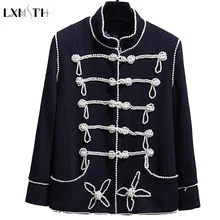Lxmth приталенный черный твидовый пиджак для женщин, осенняя Новинка, модное однобортное "жемчужное" пальто с длинным рукавом и стоячим воротником, пальто с жемчугом