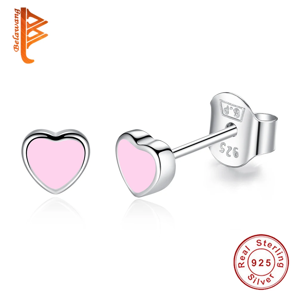 

Elegant Authentic 925 Sterling Silver Pink Enamel Heart Stud Earrings Jewelry for women fashion Earring Party Gift