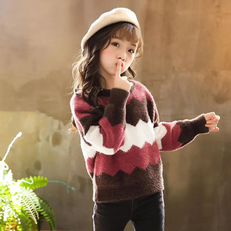 

Newest Girls Autumn Knitted Sweater Long Sleeve Patchwork Stripe Winter Warm Sweaters Kids Children Comfortable Soft Clothes