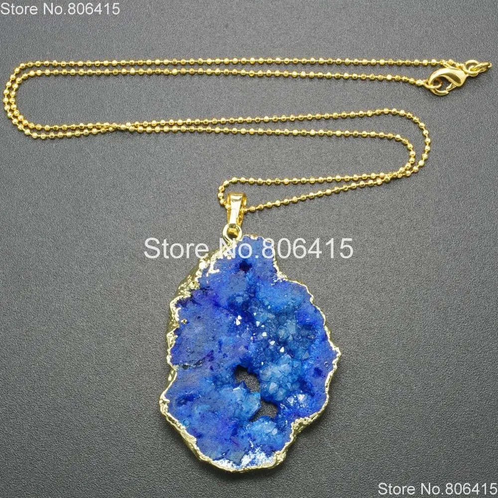 Natural Blue Druzy Quartz Aga te Geode Gems Stones Nugget Pendant
