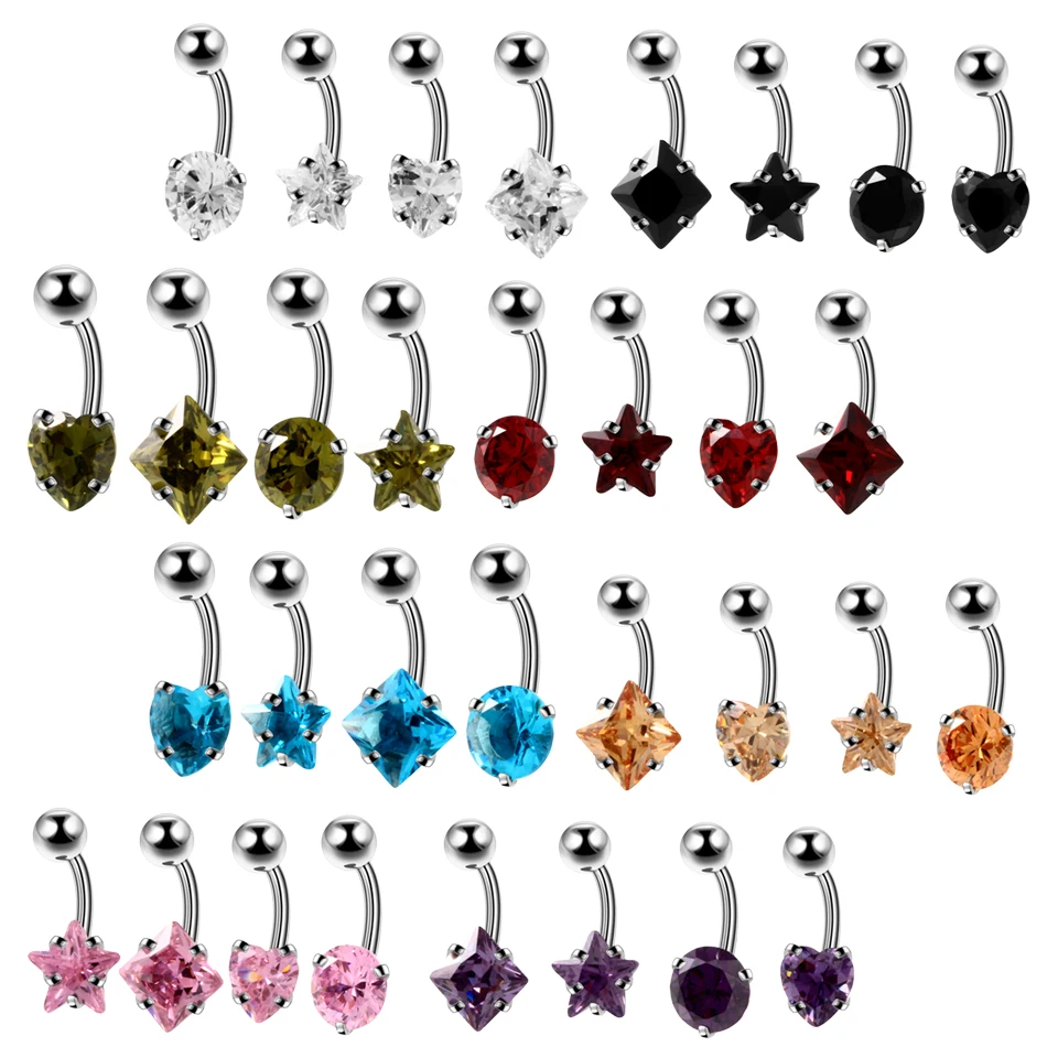 

4pcs/lot Crystal Heart Belly Button Ombligo Piercing Dangle Earring Navel Bar Stud Retainer Belly Nombril Women Sexy Jewelry 14G