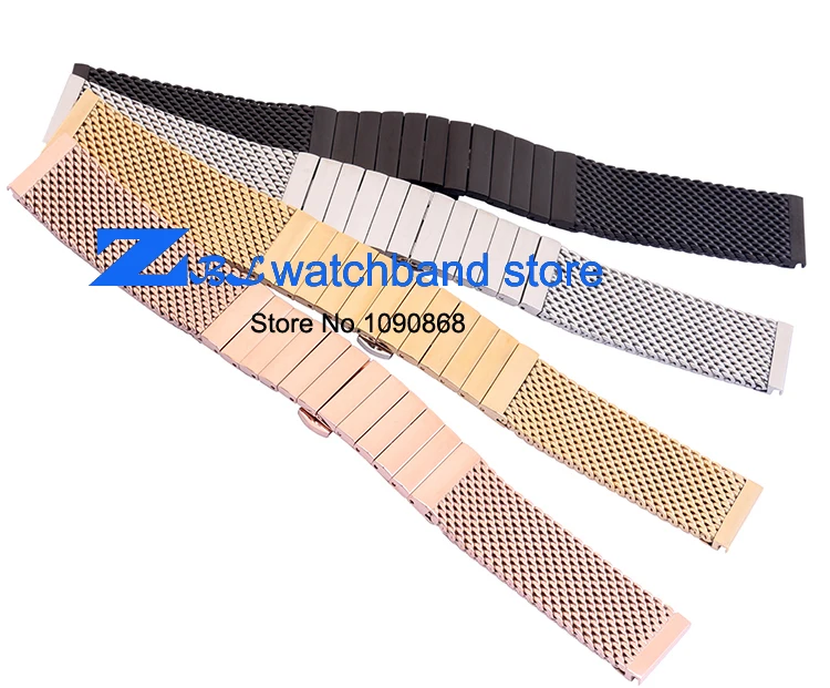 

thick Stainless steel Watchband Mesh steel strap width 20mm 22mm metal band mesh bracelet Butterfly silver black gold rose gold