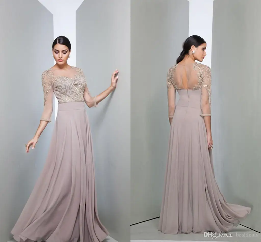  3/4 Long Sleeve Lace Mother of the Bride Dresses 2016 Illusion Jewel Neck Beads Appliques Long Chiffon Wedding Party Gowns Arabic Formal
