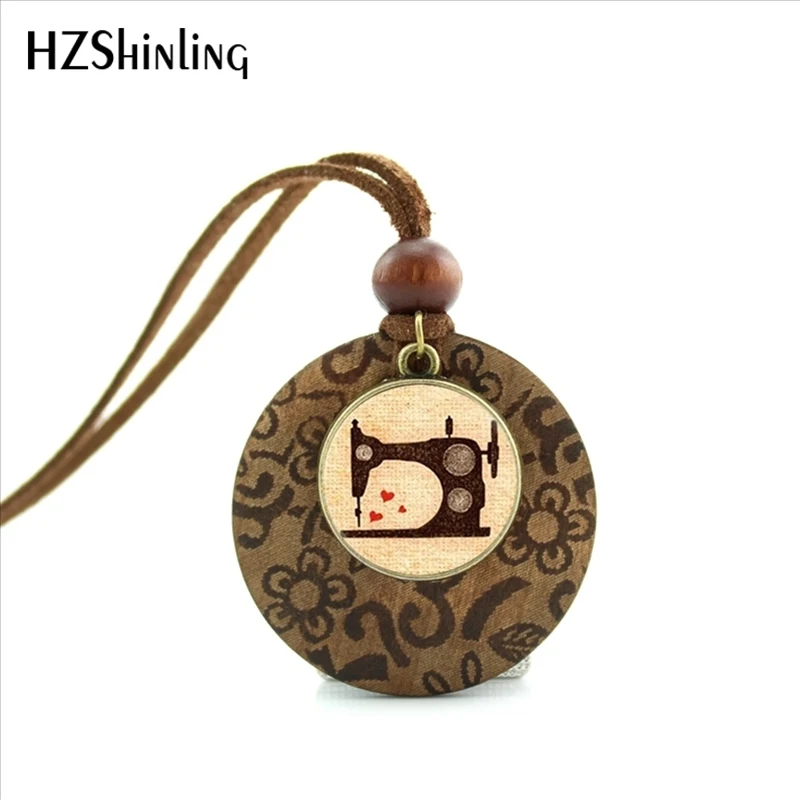 

2017 New Design Round Wooden Necklaces Vintage Sewing Machine Necklace Seamstress Art Pendant Glass Jewelry for Women