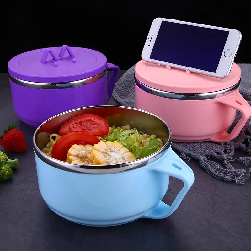 

1000ml Large Stainless Steel Bowl Instant Noodle Bowl Eat Rice Food Soup Container With Lid Handle Mobile Phone Stand Holder 1PC