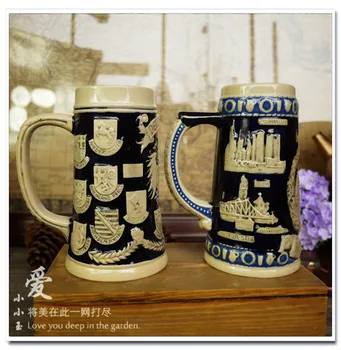 

2016 New Arrival Ceramic German Beer Mug Badge Hand Painted Mugs Embossed Pattern Bar Decoration 15*17cm
