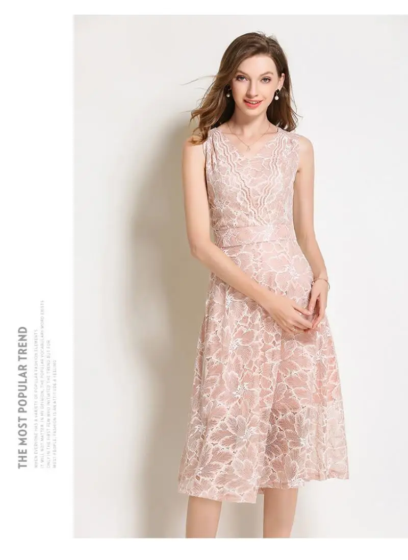 2018 Summer Lace Dress Work Casual Slim Work Women Party Dresses V-neck Sexy Hollow Out A-line Vintage Vestidos