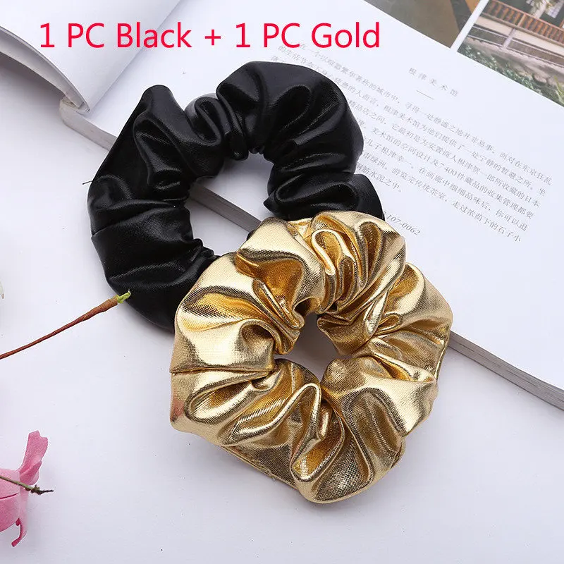 1 pc black 1 pc gold 1 или 2 шт. женские резинки для волос из искусственной кожи золотого цвета, винтажные резинки для конского хвоста, эластичные резинки для волос для девочек, блестящие резинки для волос, аксессуары для волос - Цвет: 1 pc black 1 pc gold
