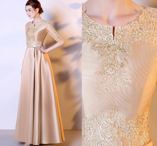 Vestidos de festa vestido longo para casamento V образным вырезом кружево и атлас Половина рукава линии цвета шампанского золото подружек невесты платья
