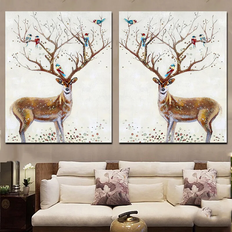 2 Panel Abstract Artistic Deer Elk with Bird Canvas Painting Giclee Animal Print Poster Minimalist Wall Picture For Living Room