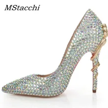 MStacchi/модные свадебные туфли с серебряными кристаллами; женские туфли на высоком каблуке с острым носком, украшенные стразами и металлической змеиной; пикантные женские туфли-лодочки