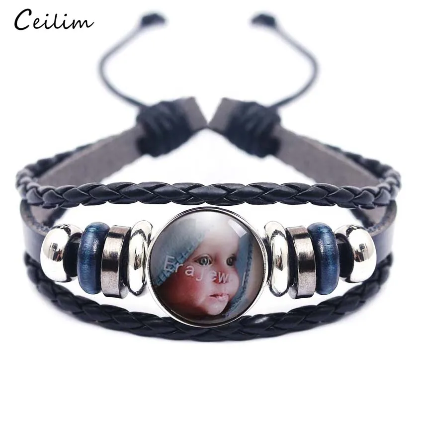 

New Glass Cabochon Jewelry Baby Photo Bracelets Multilayer Adjustable Black Leather Bracelet Bangle for Women Gifts