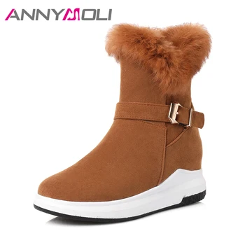 

ANNYMOLI Women Winter Boots Warm Real Rabbit Fur Snow Boots Platform Wedges Ankle Boots Zipper Buckle Strap Low Heel 2018 Shoes