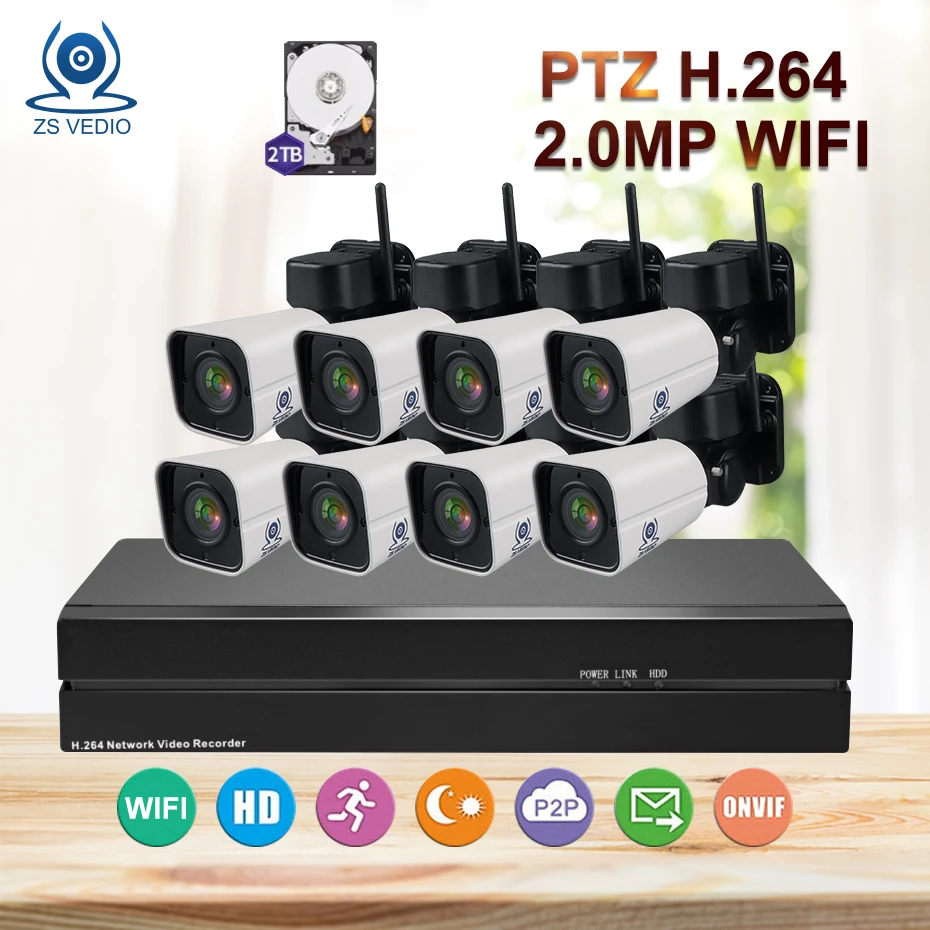 

ZSVEDIO Surveillance System Security IP Camera WiFi 8CH H.264 PTZ 1080P 4X Zoom NVR Kit Video Set outdoor CCTV System Camera
