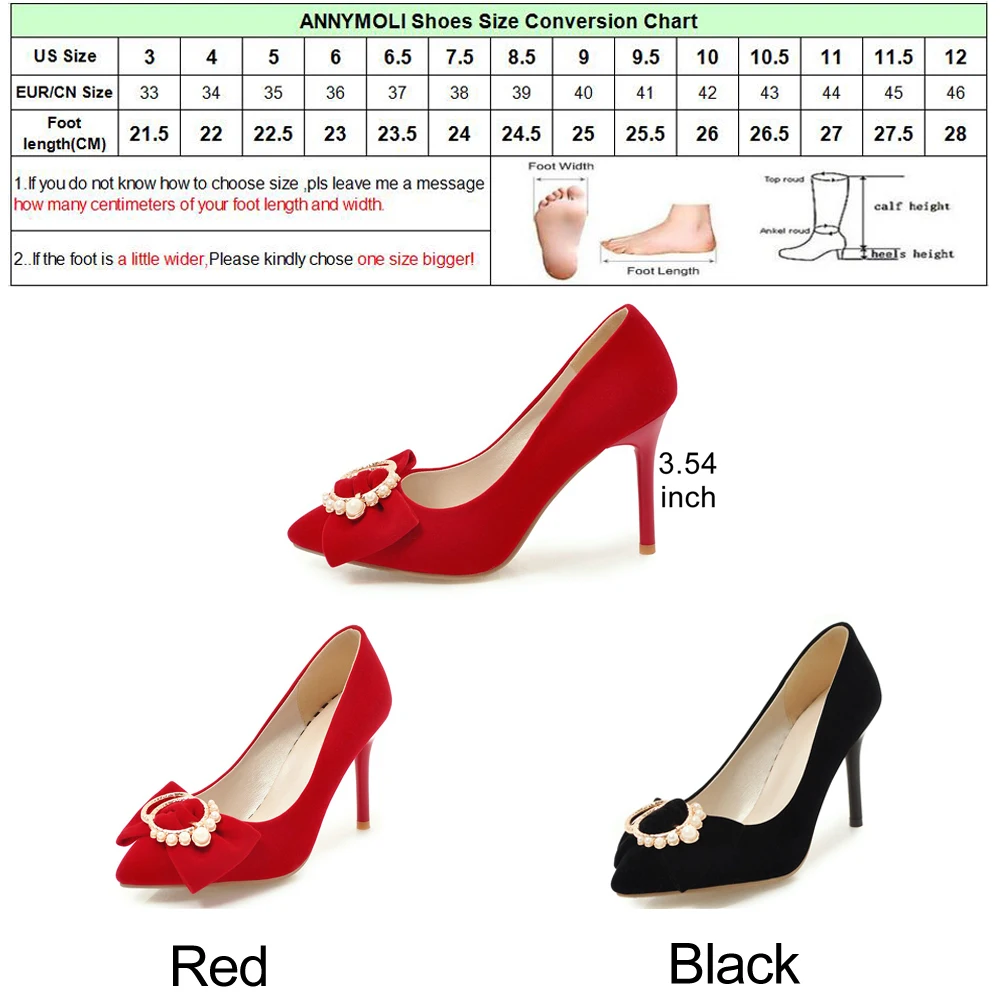 ANNYMOLI Women Pumps High Heels Ladies Party Shoes Bow Pointed Toe Stiletto Female Shoes Crystal Red Black Spring Shoes Size 43
