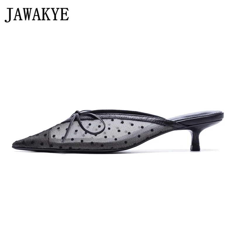 

Fashion Design black air mesh slippers pointed toe kitten heel bowties buttlerfly knot mules sexy round dot sandals women shoes