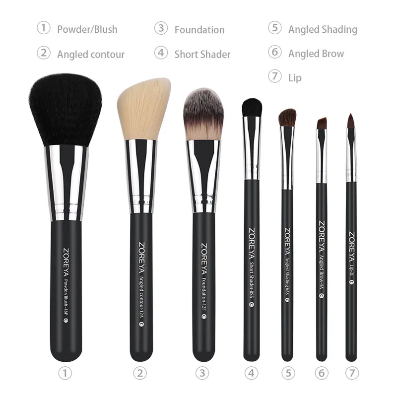 Zoreya Brand 7Pcs Black Natural Goat Hair Lip Professional Makeup Brushes Blush Powder Foundation Eye Shadow Makeup Tools