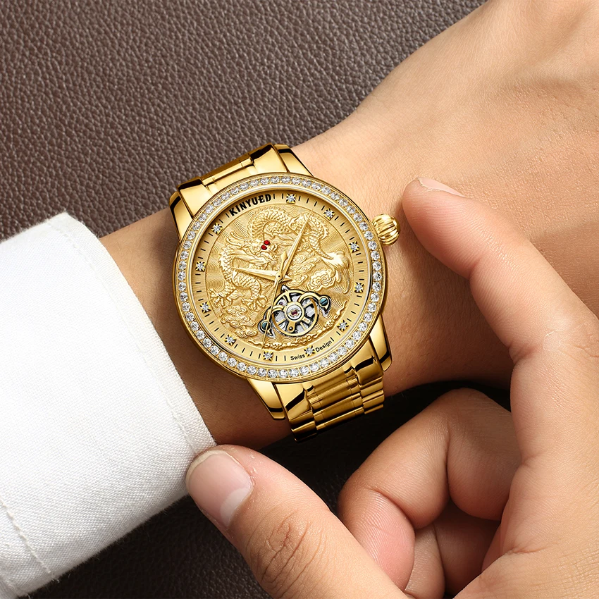 KINYUED الأعمال اللباس ساعات آلية التلقائي Tourbillion ل الهيكل العظمي ووتش رجل الفولاذ المقاوم للصدأ للماء relogio masculino