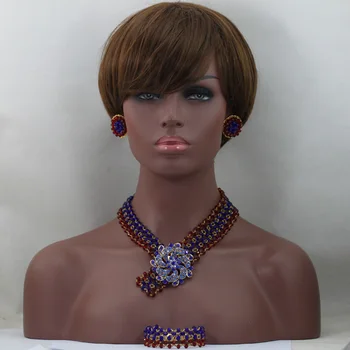 

Wine Mix Royal Blue African Crystal Beads Jewelry Set New Design Hat Earring Crystal Bridal Necklace Set Free Shipping ALJ919