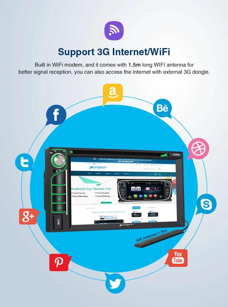 Excellent Pumpkin 2 Din 6.2"Universal Android 9.0 GPS Car Radio RAM 4G ROM 32G Stereo Audio Player GPS Navigation Wifi OBD2 DAB FM RDS 9