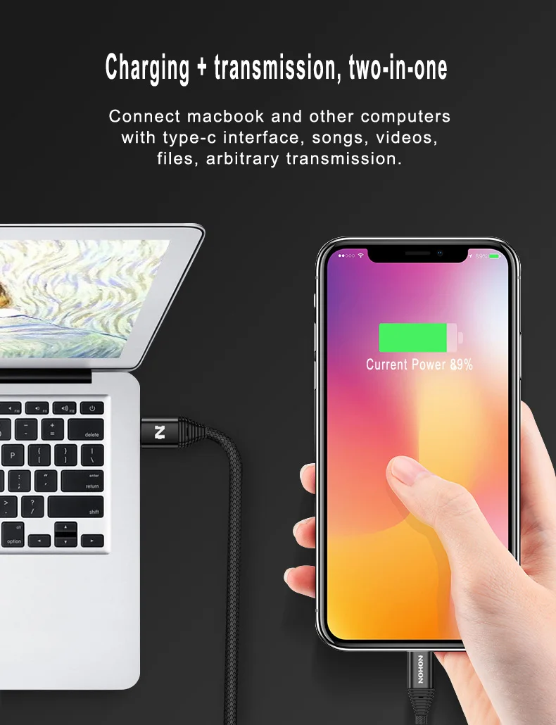 NOHON usb type C 18 Вт PD кабель для быстрой зарядки для iPhone X 8 8 Plus, нейлоновый USB-C кабель для зарядки телефона, двусторонний кабель для синхронизации данных