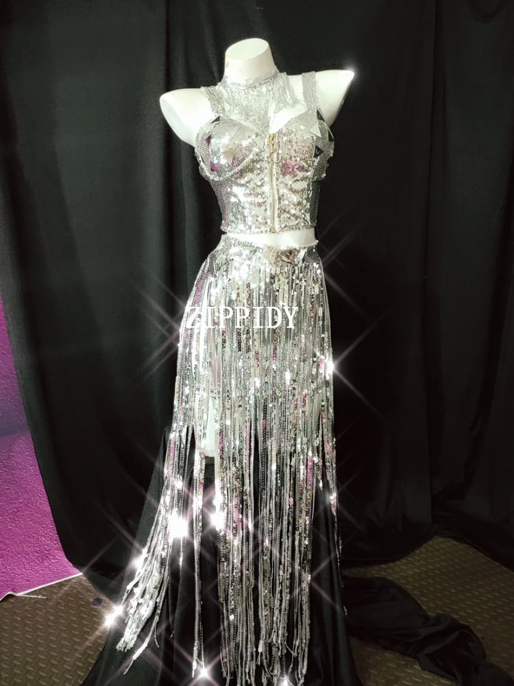 Блестящие серебряные блестки Бюстгальтер бахрома короткий танцевальный наряд комплект для женщин певица танцевальная одежда Сияющий сценический костюм День рождения